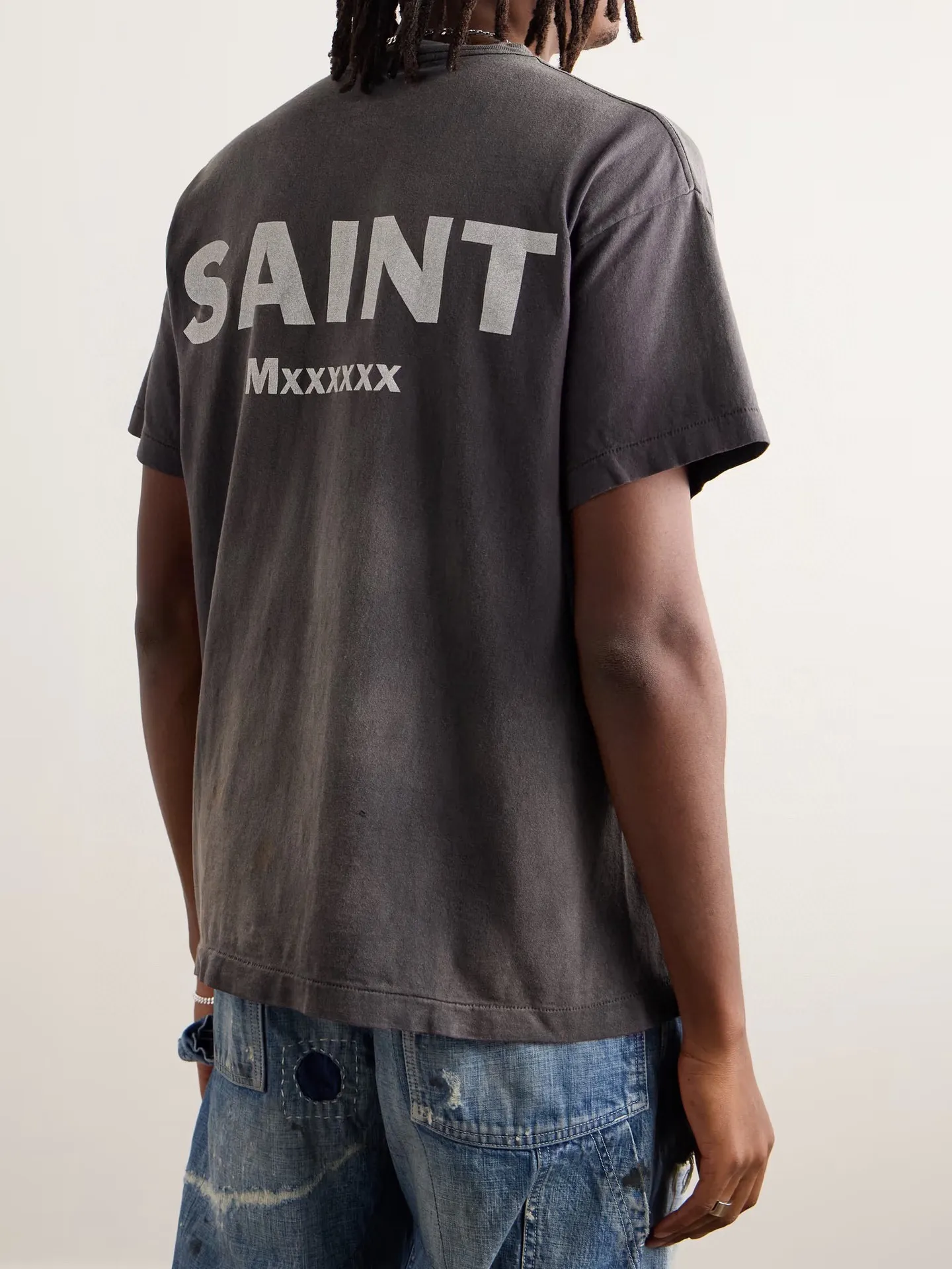 SAINT Mxxxxxx × EVANGELION NEON GNSIS TEE/BLK co-branded Neon Genesis Evangelion distressed short-sleeves, washed black S-XL, vintage NEW VINTAGE, top printing technology, garment dyeing, re-washed, distressed, correct co-branded main mark/washing mark